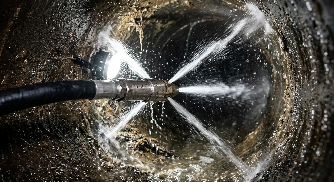 High-pressure hydro jetting nozzle cleaning sewer pipe for Trenchless Sewer Repair in Muscle Shoals
