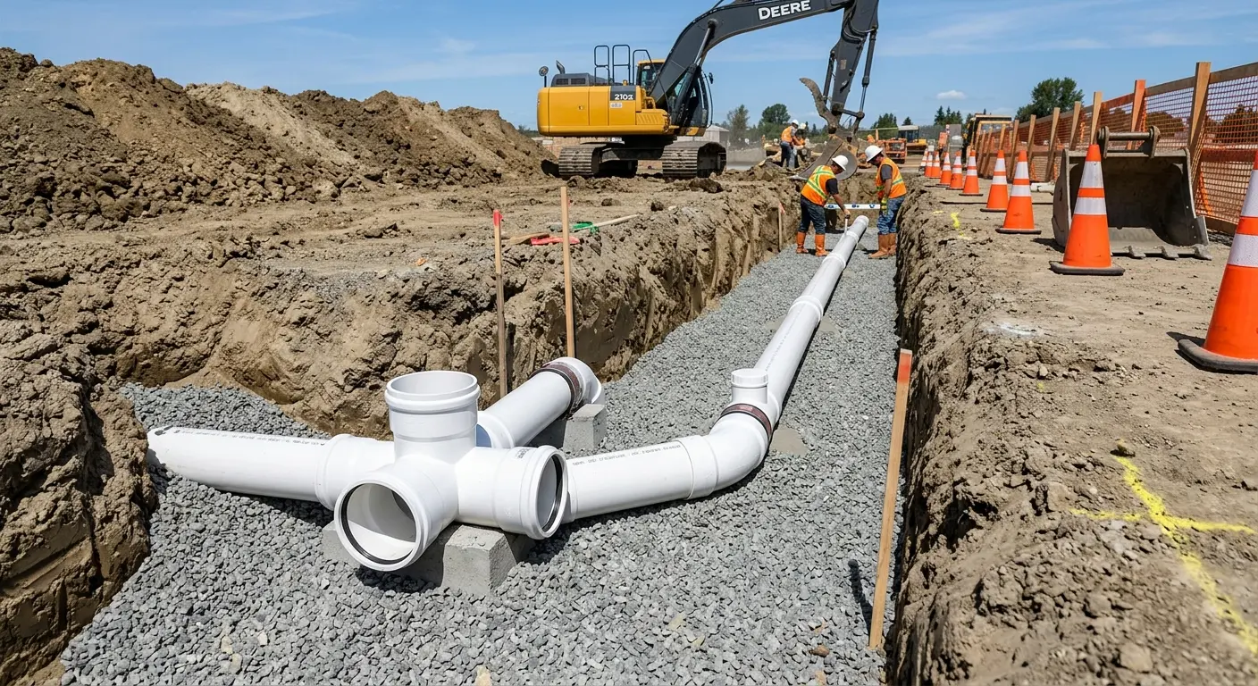New PVC sewer pipe installation in open trench for Commercial Drain Cleaning in Muscle Shoals