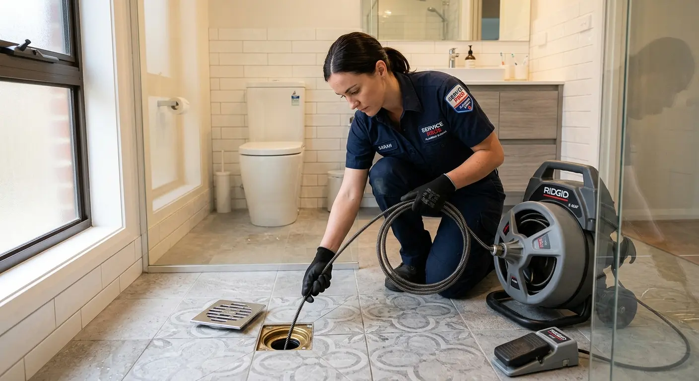 Technician clearing a bathroom floor drain for Clogged Drain Repair in Muscle Shoals